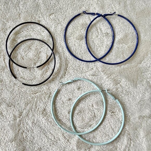 Large Hoop Earrings, Set of 3 Bundle | Black, Navy & Baby Blue - Picture 6 of 10